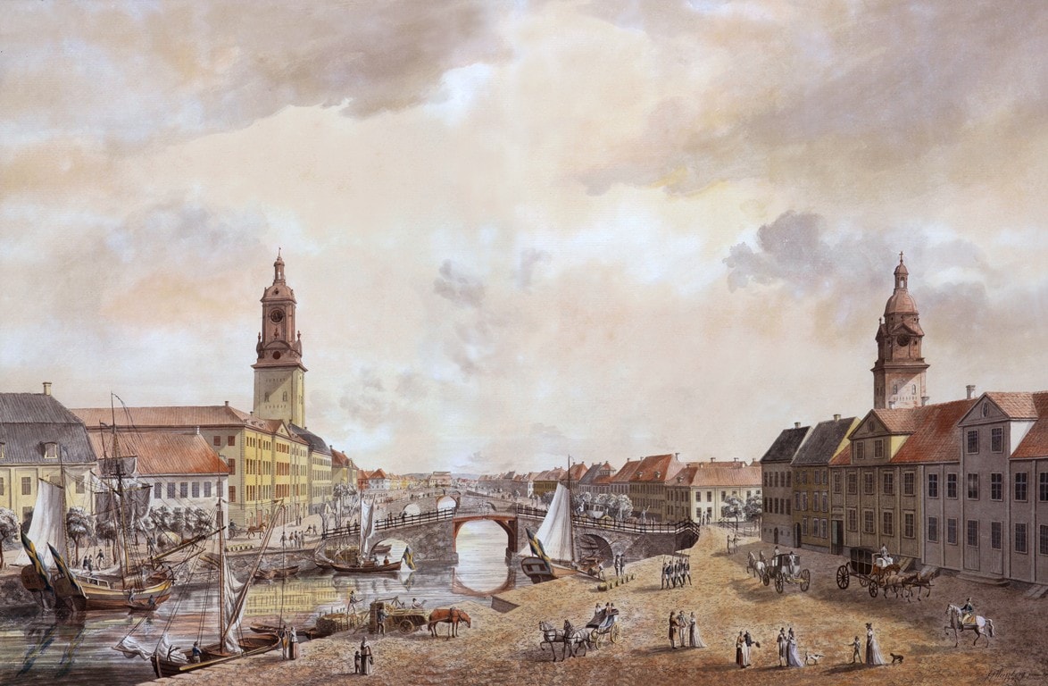 Gamla Göteborg med Kämpebron över Vallgraven. Akvarell målad av av Justus Fredrik Weinberg år 1793. Källa Carlotta.